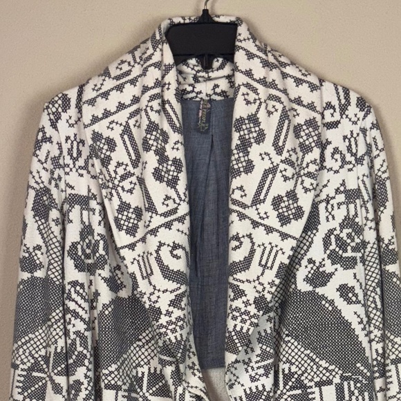 Free People Cream w/ Gray/Black Printed Cross Stitch Design Open Front Jacket - Picture 2 of 14